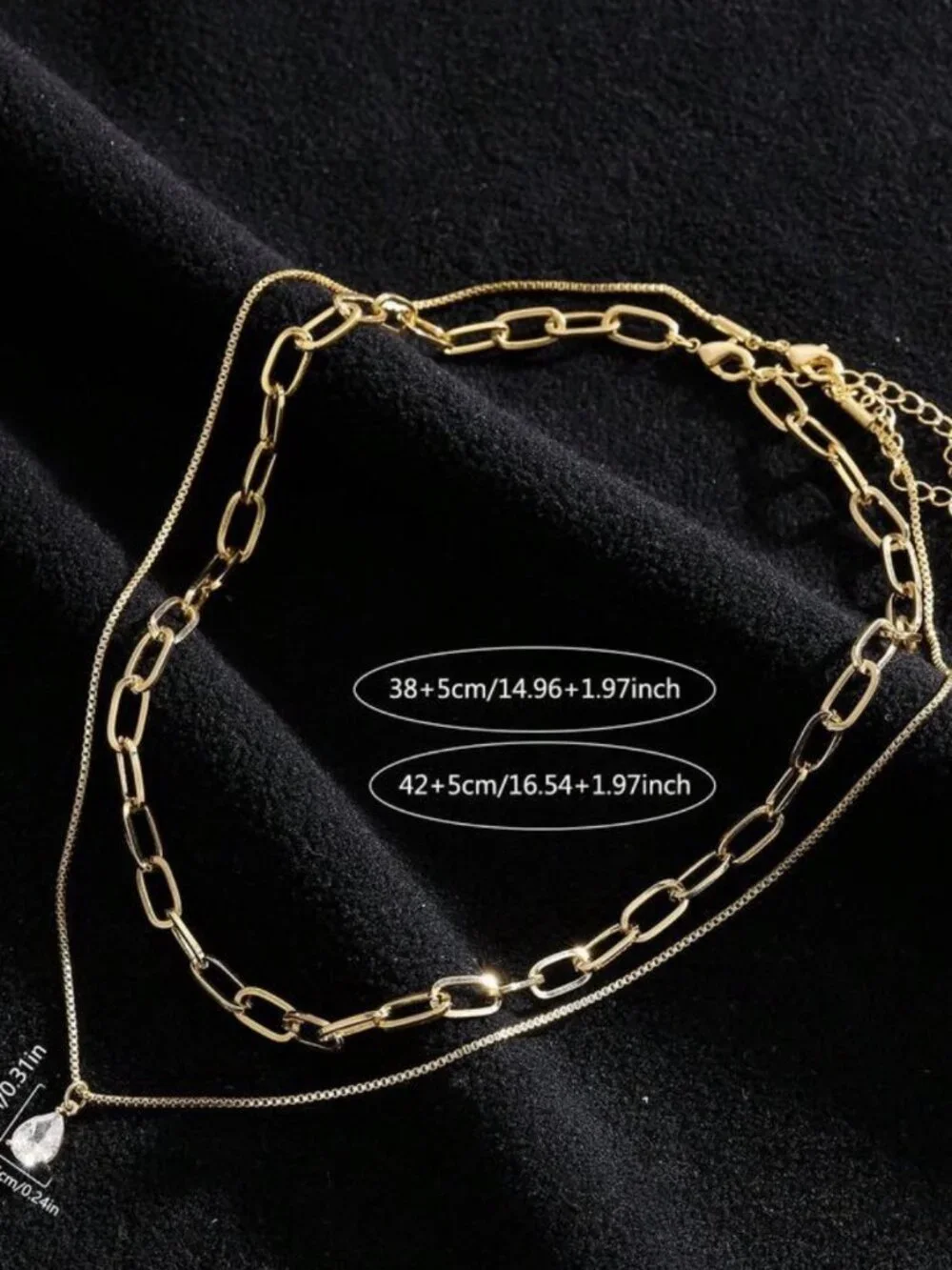 Gold Plated 2pc Layered Tear Drop Paperclip Chain Necklace Set Stainless Steel